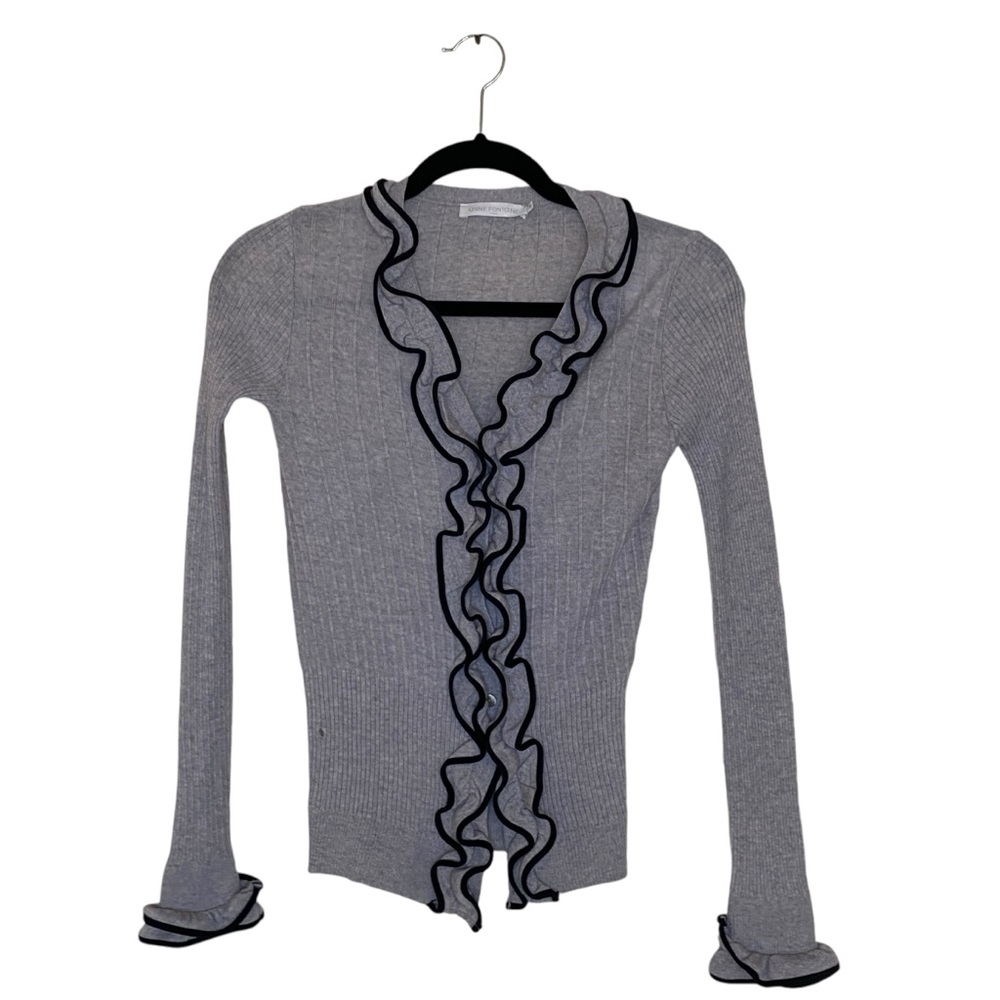 Anne Fontaine Button Up Ruffle Ribbed Wool Cardigan Grey Size 38